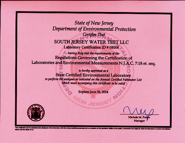 New Jersey Department of Environmental Protection Certificate 2022
