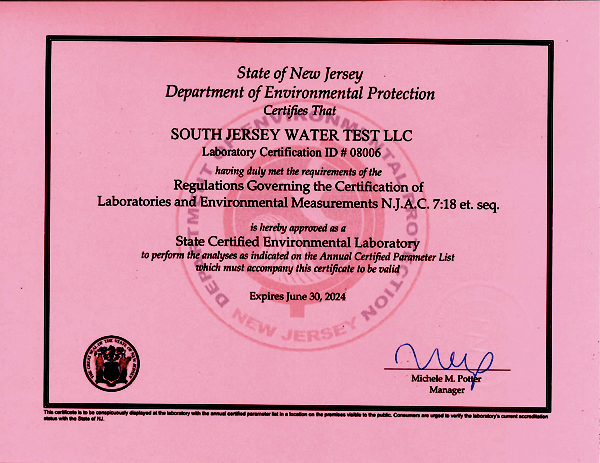 New Jersey Department of Environmental Protection Certificate 2020