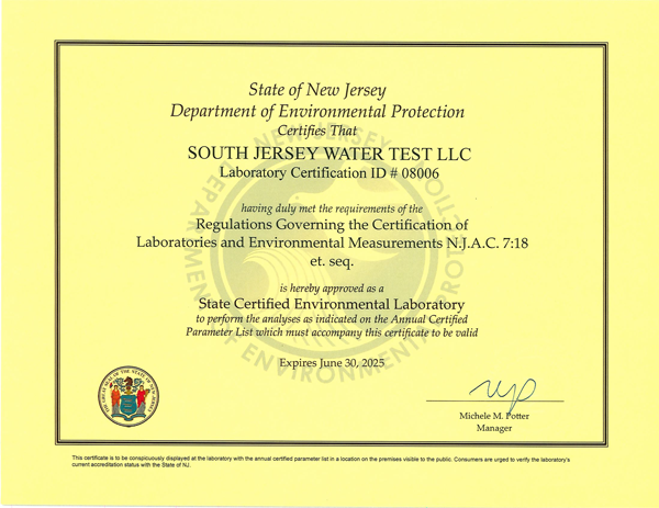 New Jersey Department of Environmental Protection Certificate 2020